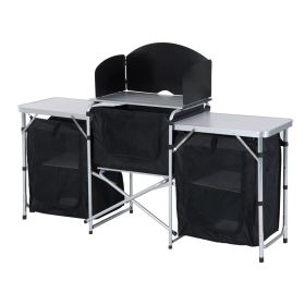 Outsunny Portable Camping Kitchen Aluminum Table Windscreen 3 Cupboards BBQ Black